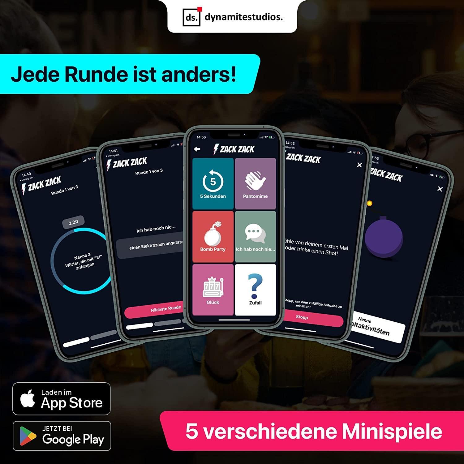 Fünf Smartphones mit der "Zack Zack"-App, Hintergrund mit Personen. App Store und Google Play Logos. Slogan "Jede Runde ist anders!" und "5 verschiedene Minispiele".