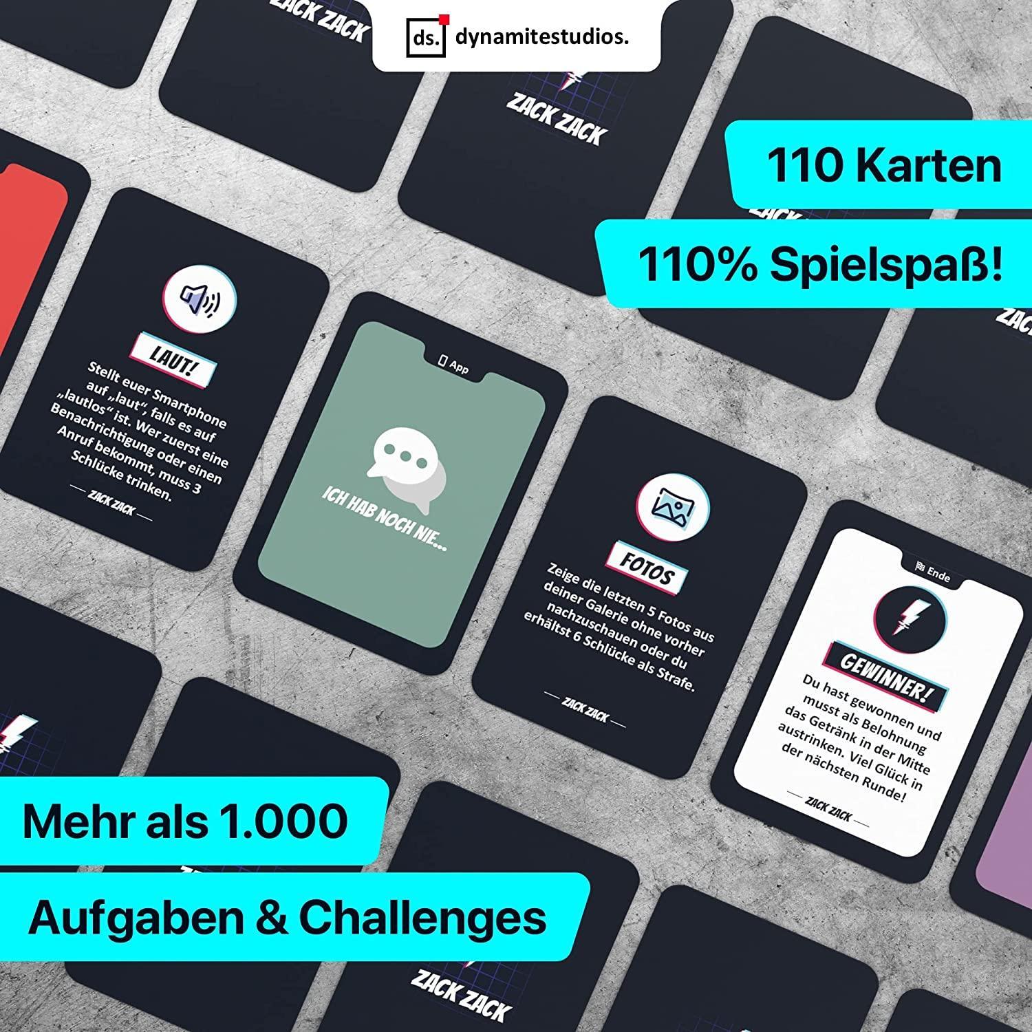 Spielekarten mit Trinkspiel-Challenges und Text auf Deutsch.