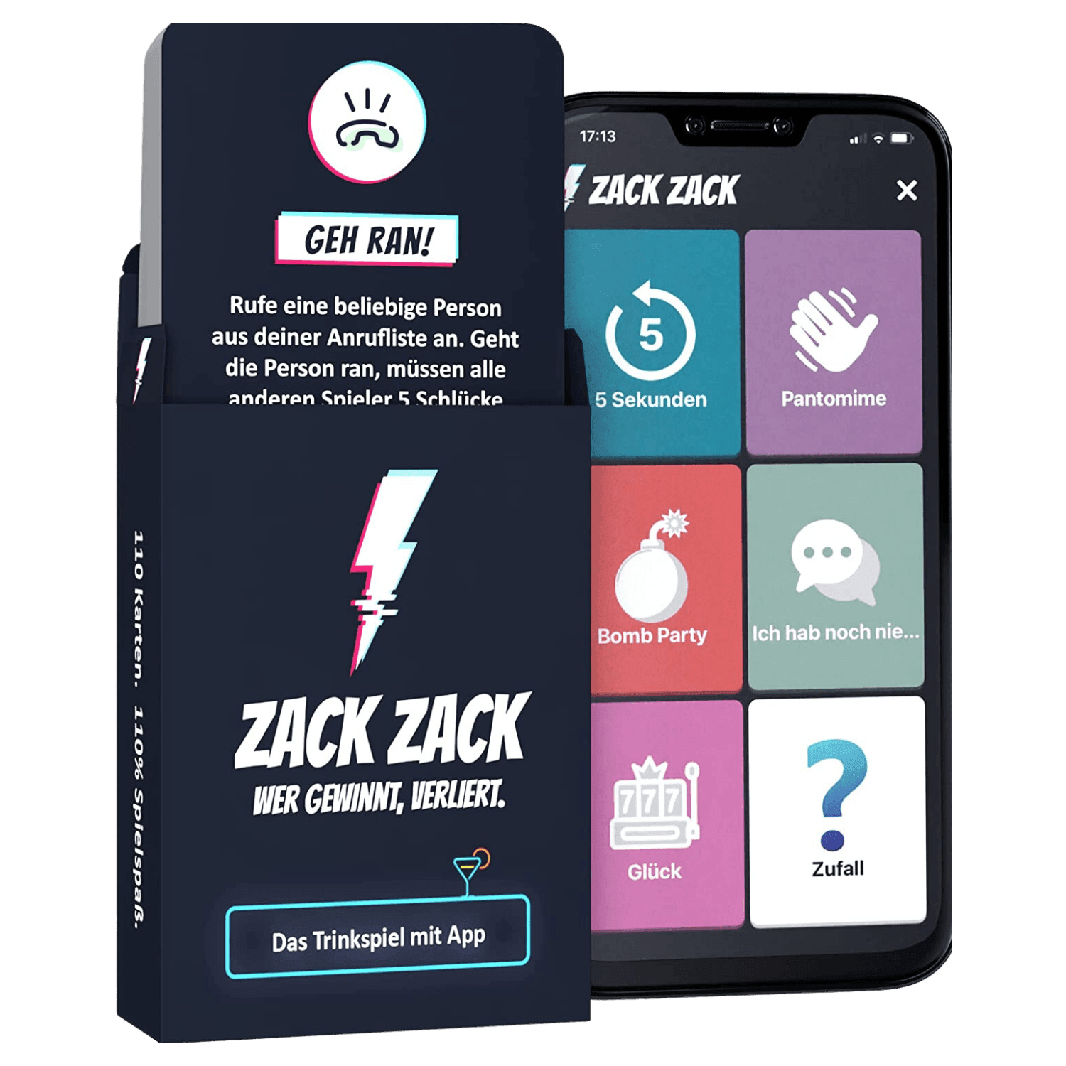 Produktabbildung mit Spielkarten und Smartphone-App.