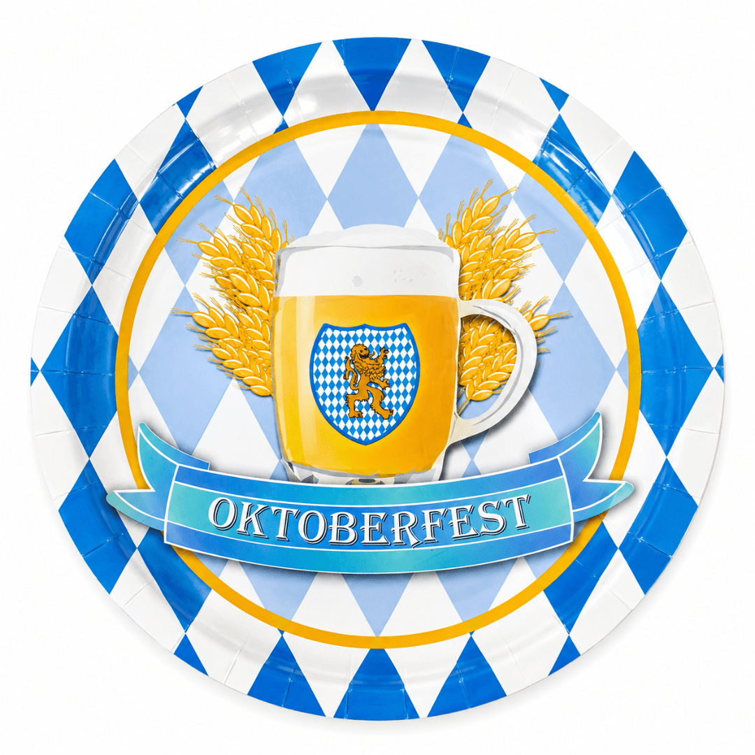 8 Teller Bierfest 23 cm – Blau Weiß mit Bierkrug - TwentyFourParty