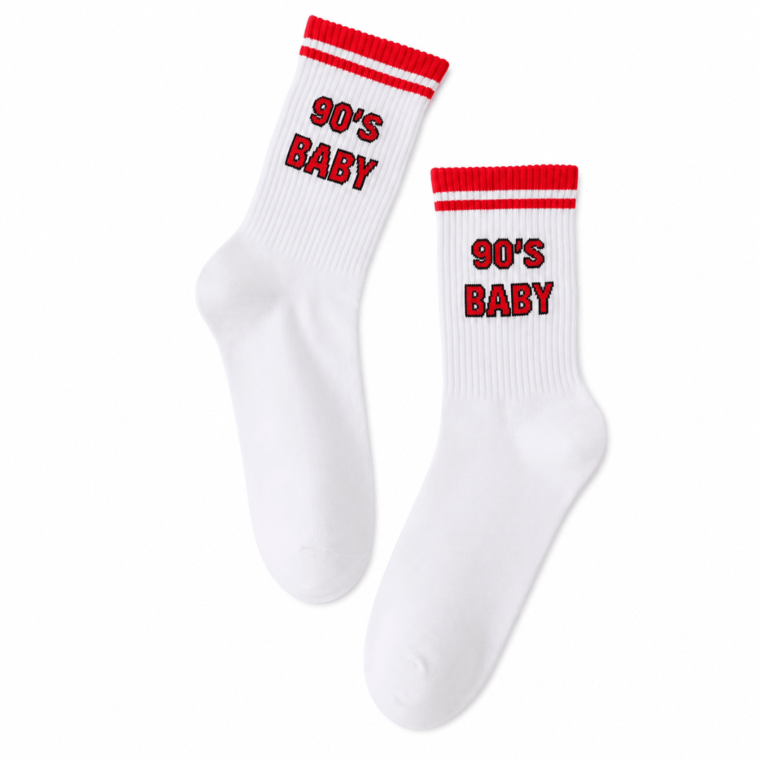 90's Baby Socken Weiß – Retro Sportsocken mit Print - TwentyFourParty