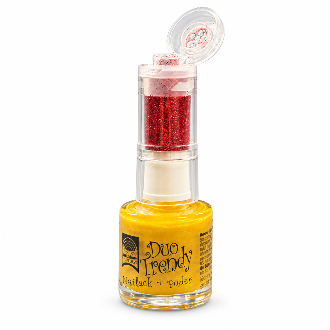 Glitzer-Nagellack Gold mit rotem Glitzerpuder