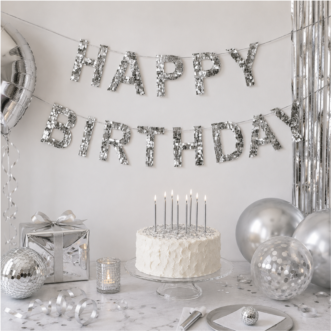 Happy Birthday Folienbanner Metallic Silber