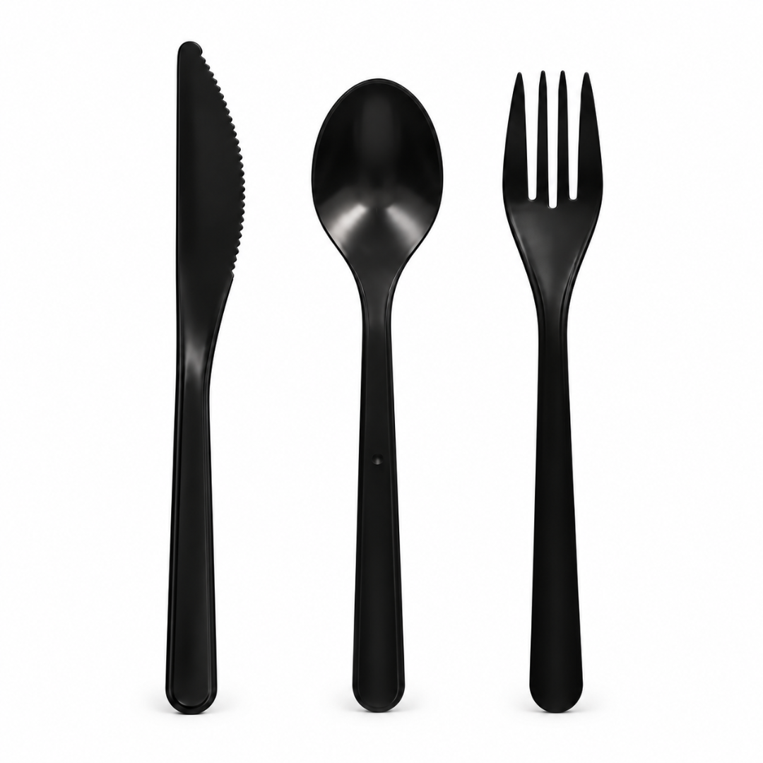 Mehrweg Besteck Set schwarz 60-teilig Messer Gabel Löffel