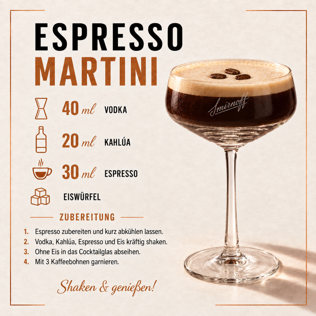 Smirnoff Espresso Martini Set mit Kahlúa & Gläsern