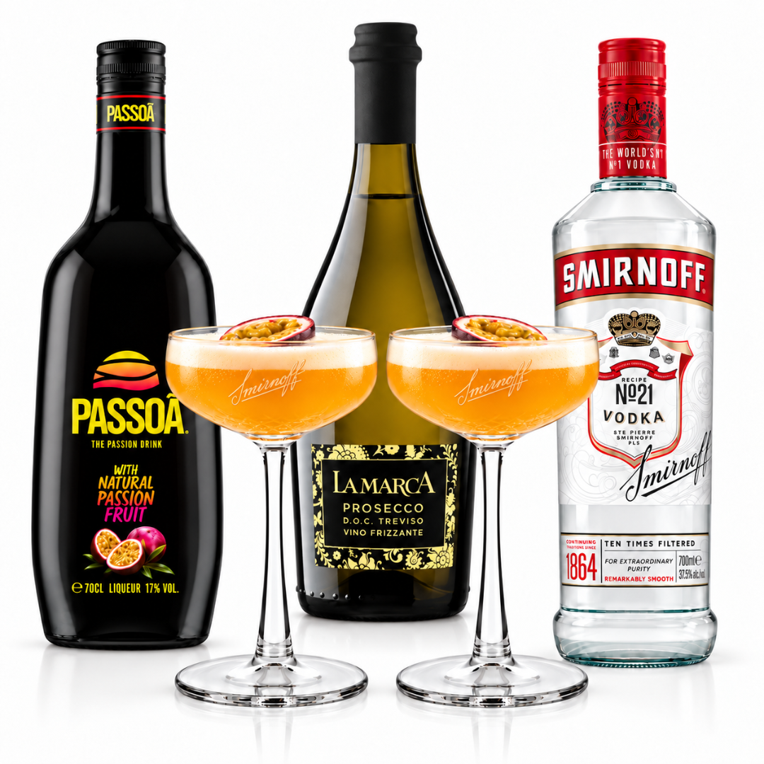 Smirnoff Pornstar Martini Set mit Passoã, Prosecco & 2 Gläsern