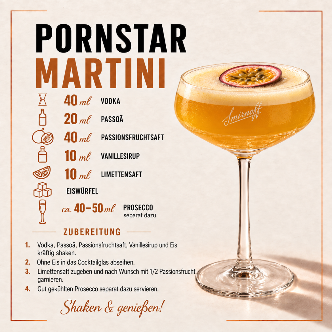 Smirnoff Pornstar Martini Set mit Passoã, Prosecco & 2 Gläsern