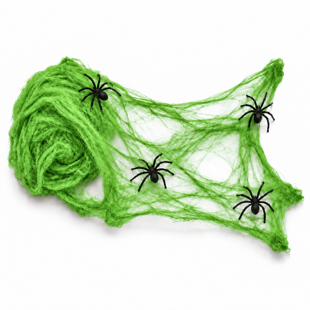 Spinnennetz Deko Grün mit schwarzen Spinnen 20 g