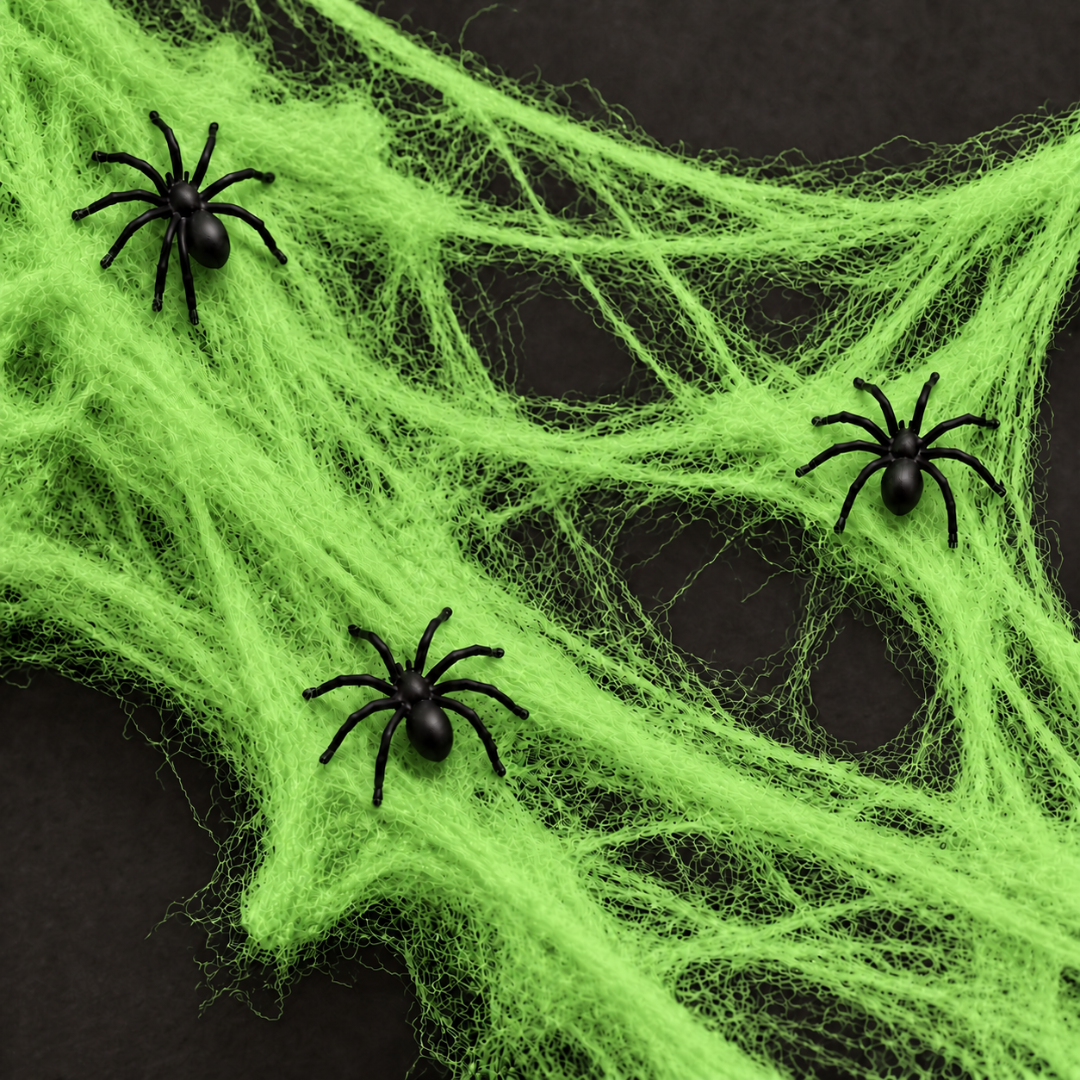 Spinnennetz Deko Grün mit schwarzen Spinnen 20 g