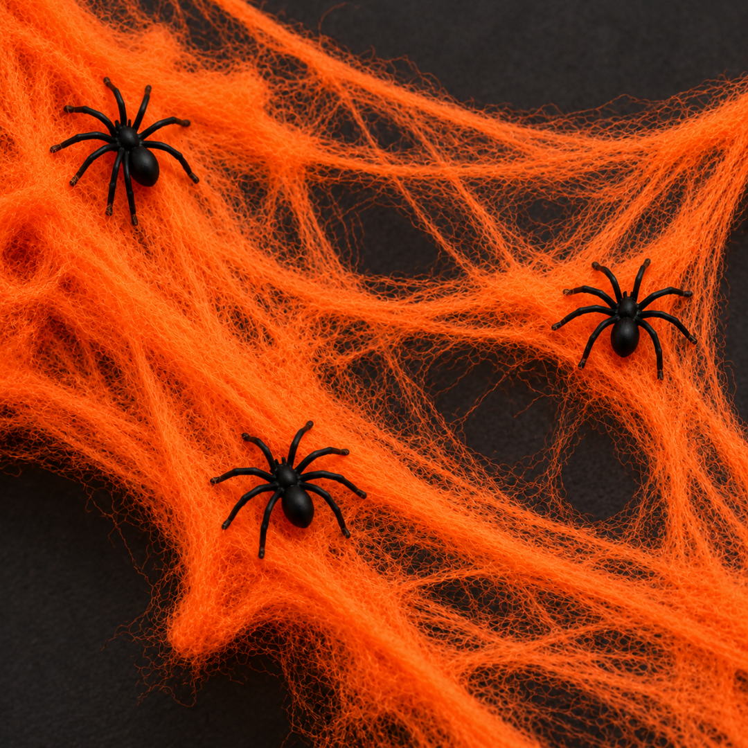 Spinnennetz Deko Orange mit schwarzen Spinnen 20 g