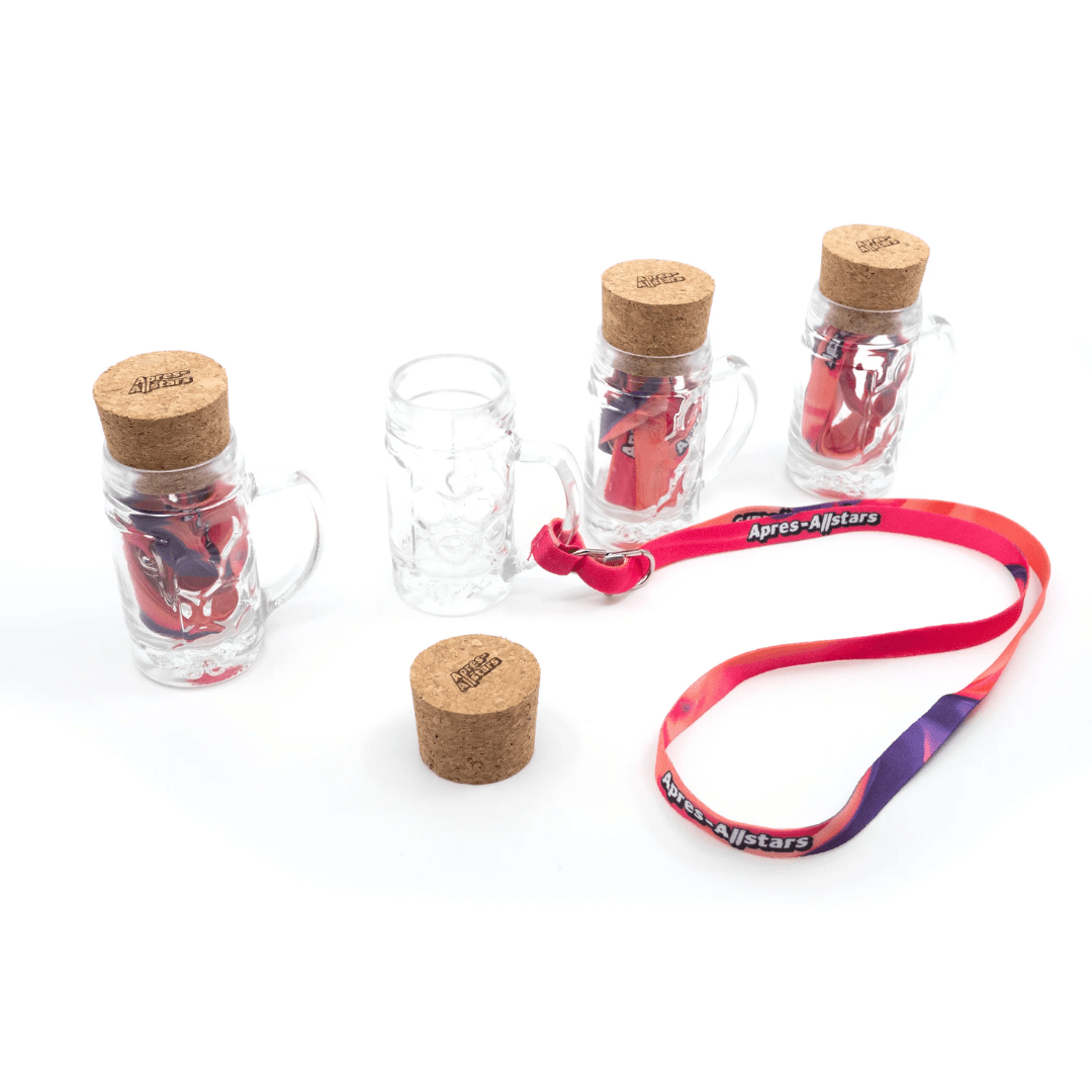 Apres - Allstars® Mini Maßkrug Schnapsglas im 4er Set mit Korken und Lanyards - TwentyFourParty