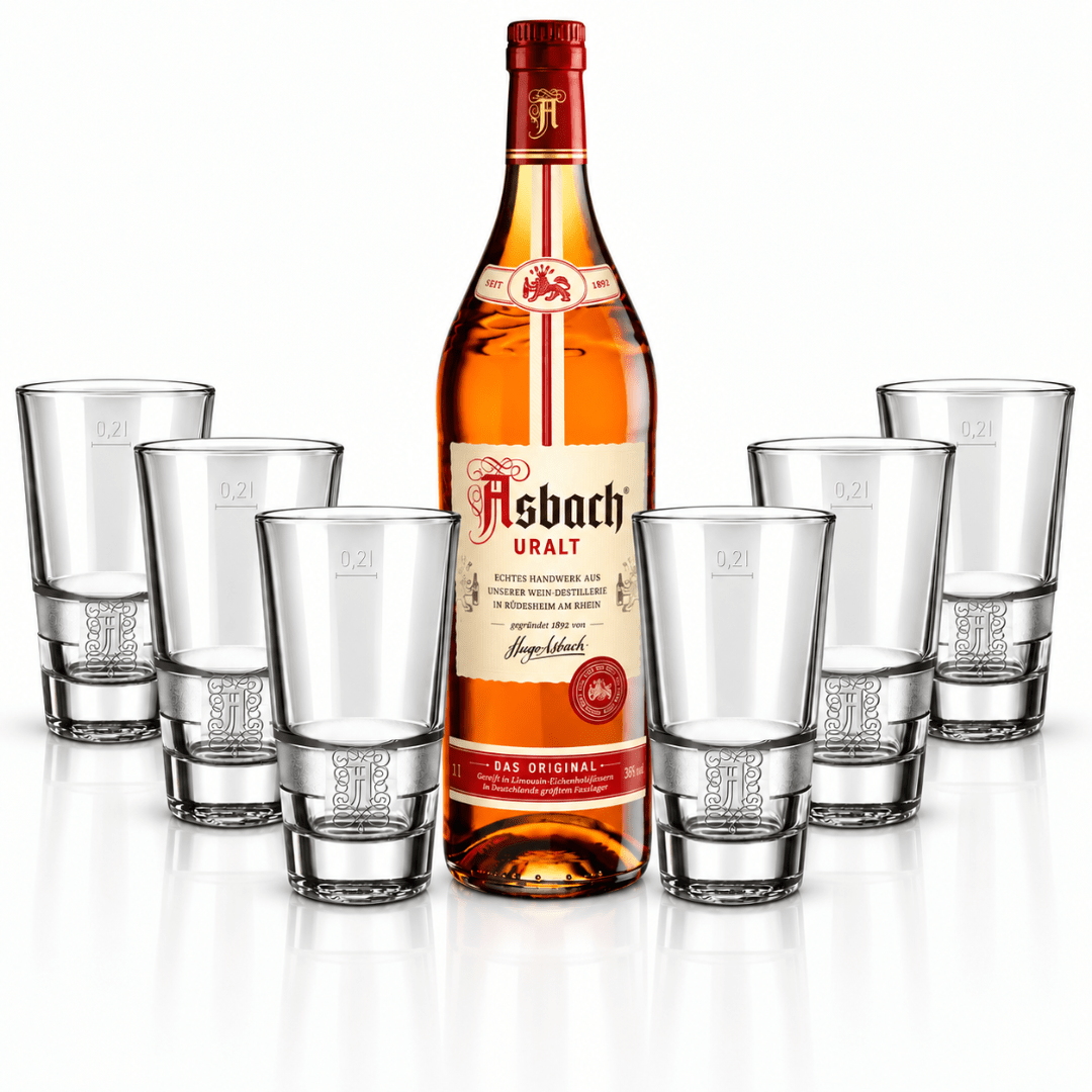 Asbach Uralt 0,7 l mit Original Longdrinkgläsern 6 Stück - TwentyFourParty