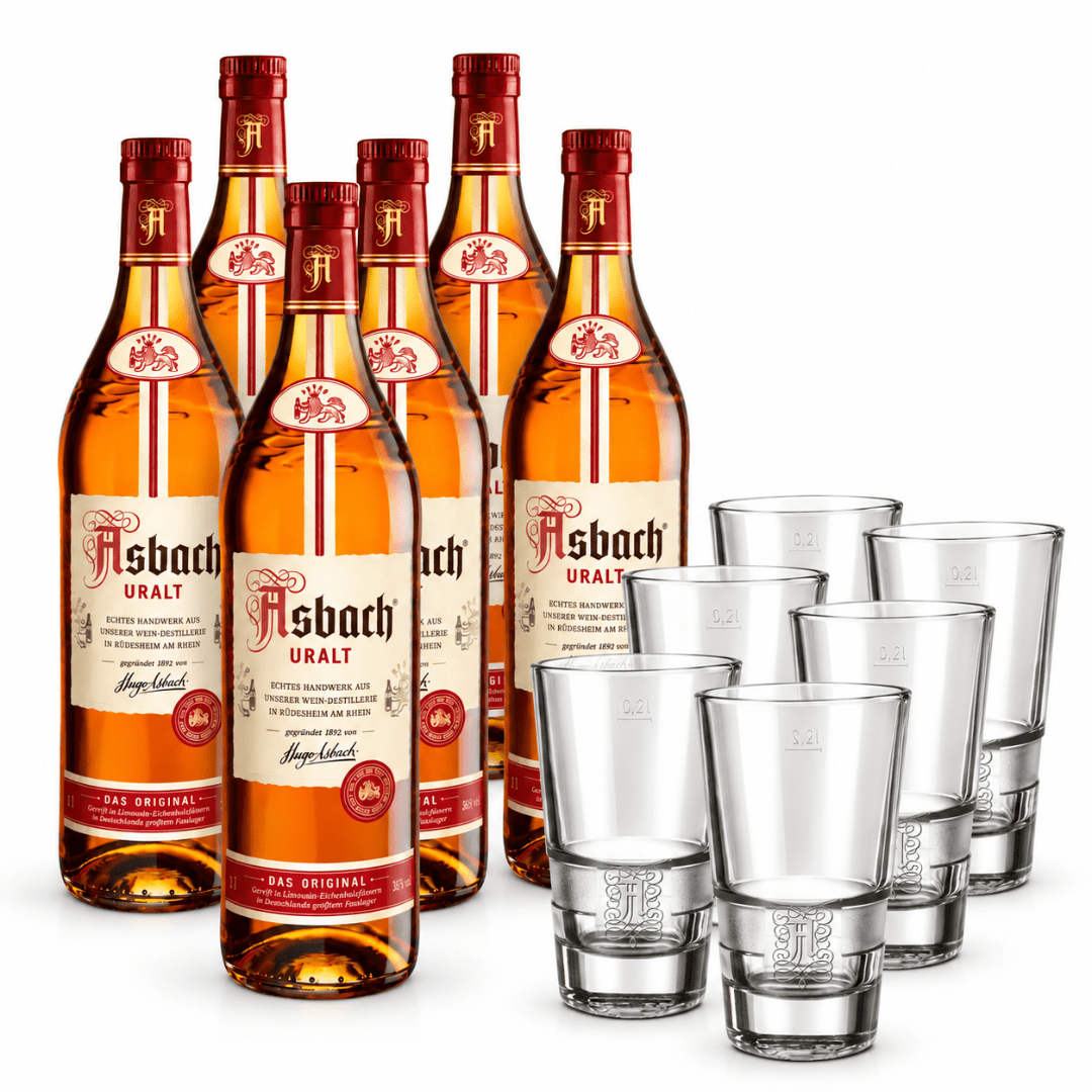 Asbach Uralt 6 Flaschen Set mit 6 Gläsern Gratis - TwentyFourParty