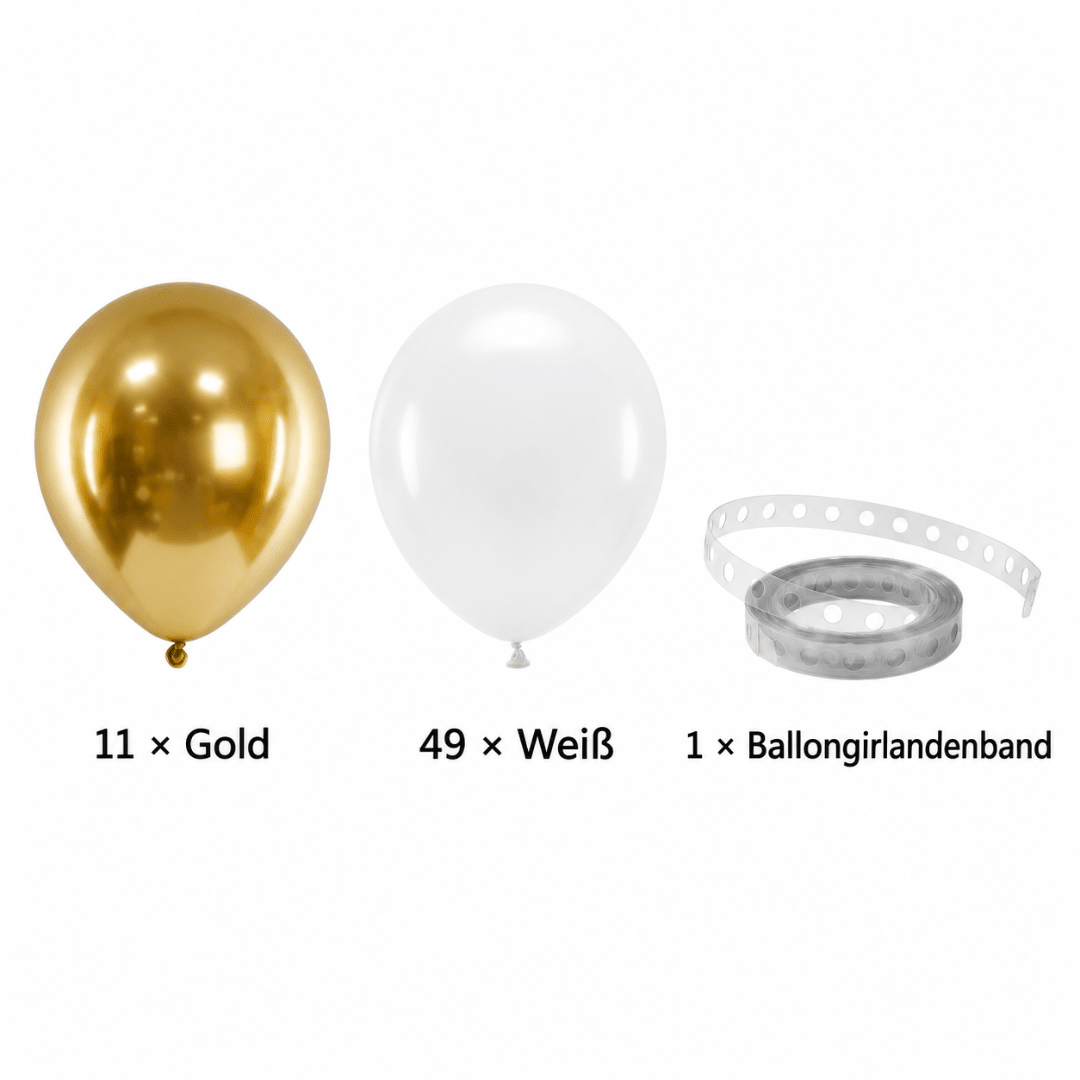 Ballongirlande Weiß-Gold 200 cm, 60 Ballons - TwentyFourParty