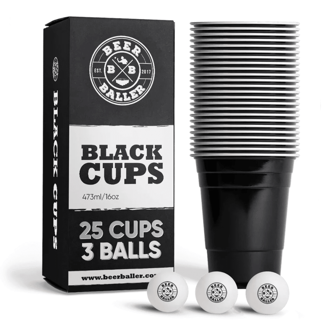 Beer Pong Becher Set Schwarz (25x inkl. 3 Bällen) - TwentyFourParty