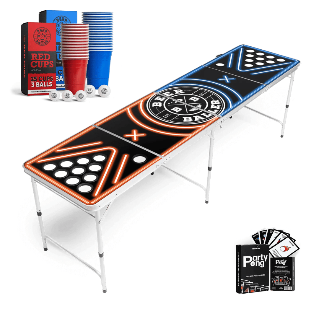 Beer Pong Tisch „LED NEON“ mit Löchern – Set - TwentyFourParty