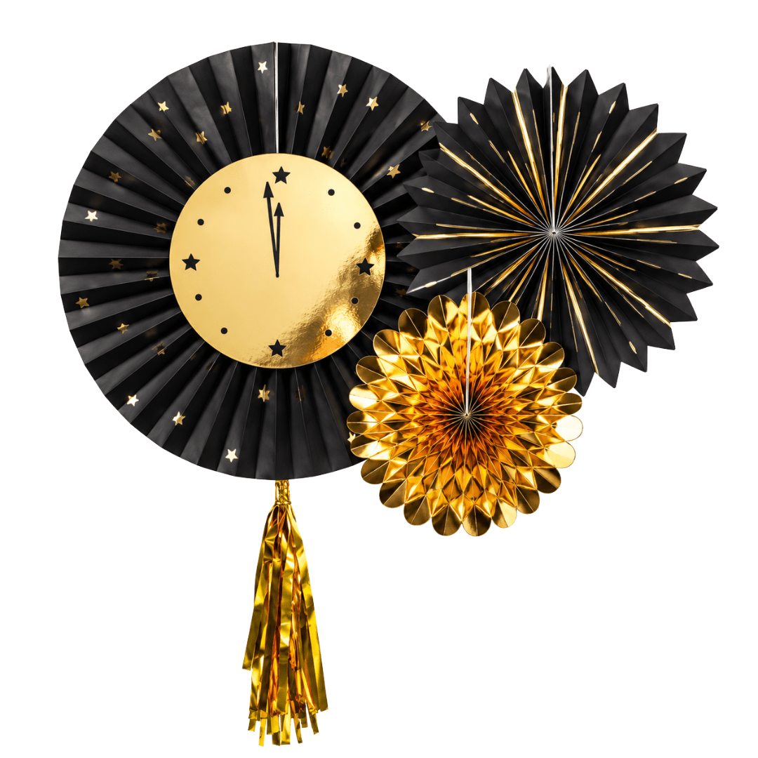 Dekofächer Silvester Schwarz Gold 3 Stück - TwentyFourParty