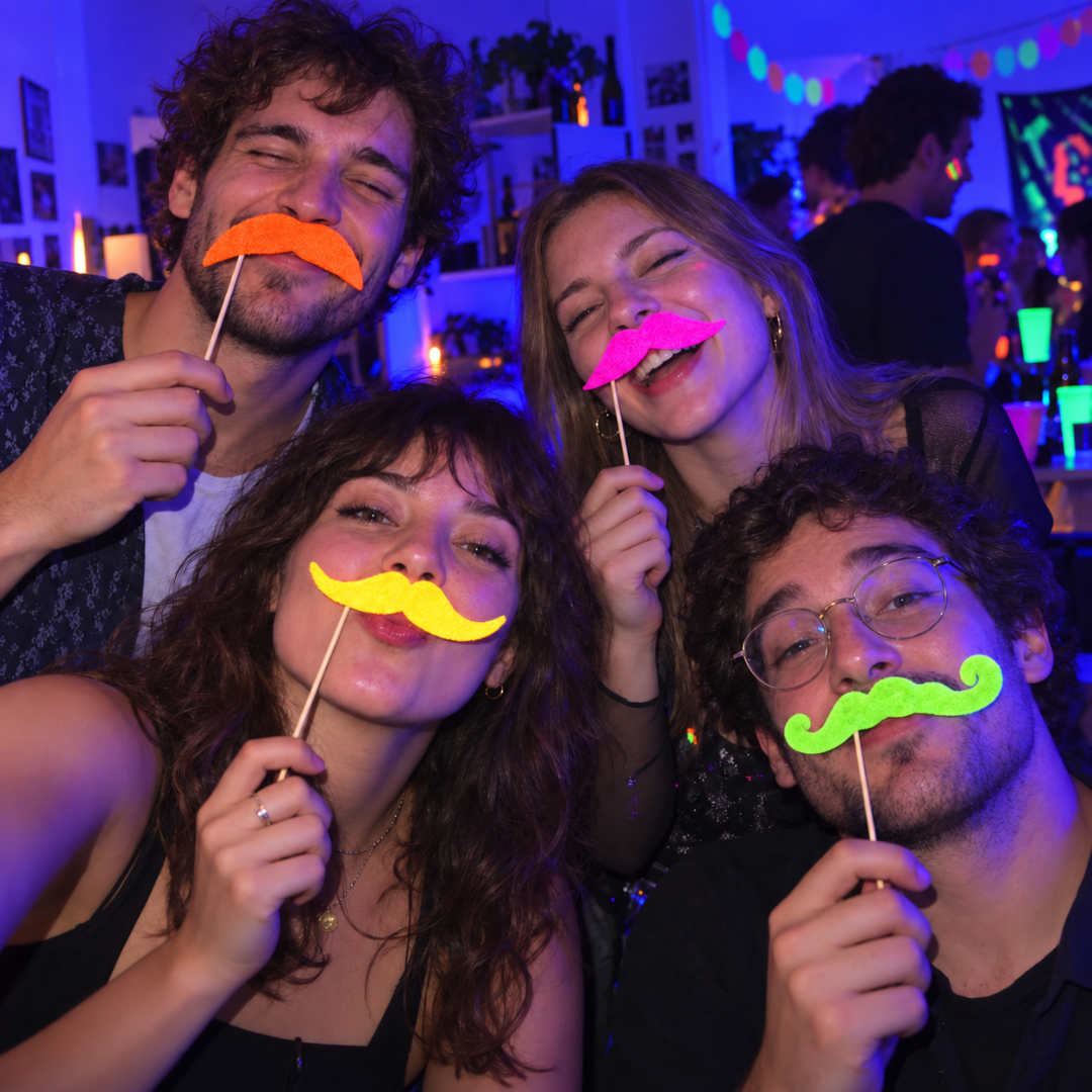 Fluoreszierende Neon Schnurrbärte am Stab 4er-Set - TwentyFourParty