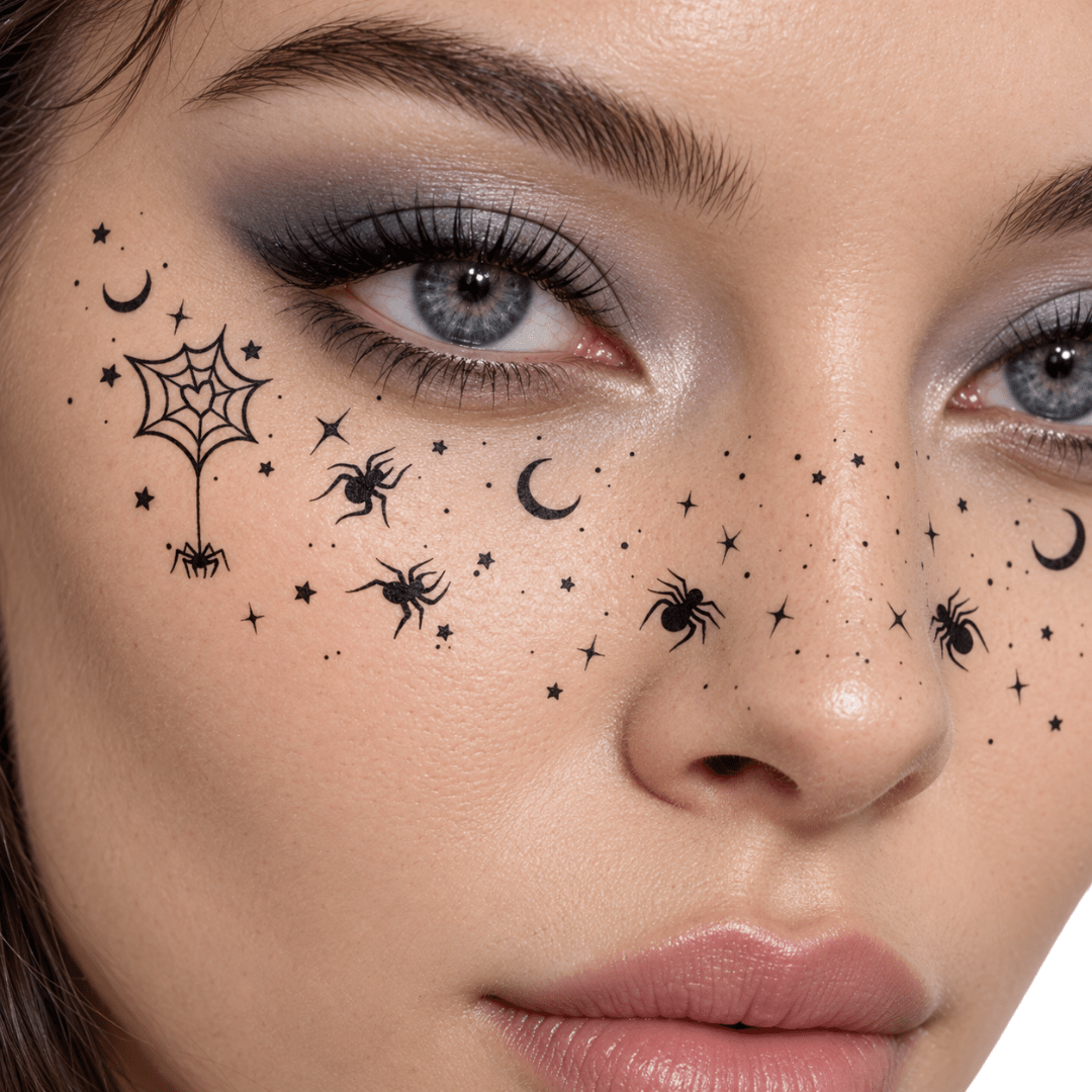 Halloween Gesichtstattoo Spinnen und Sterne - TwentyFourParty