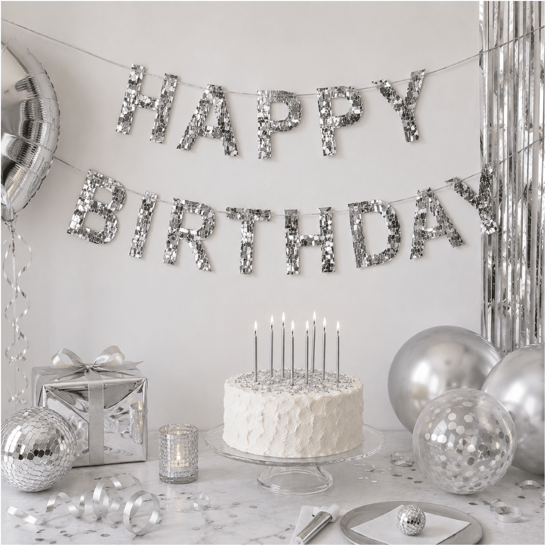 Happy Birthday Folienbanner Metallic Silber - TwentyFourParty