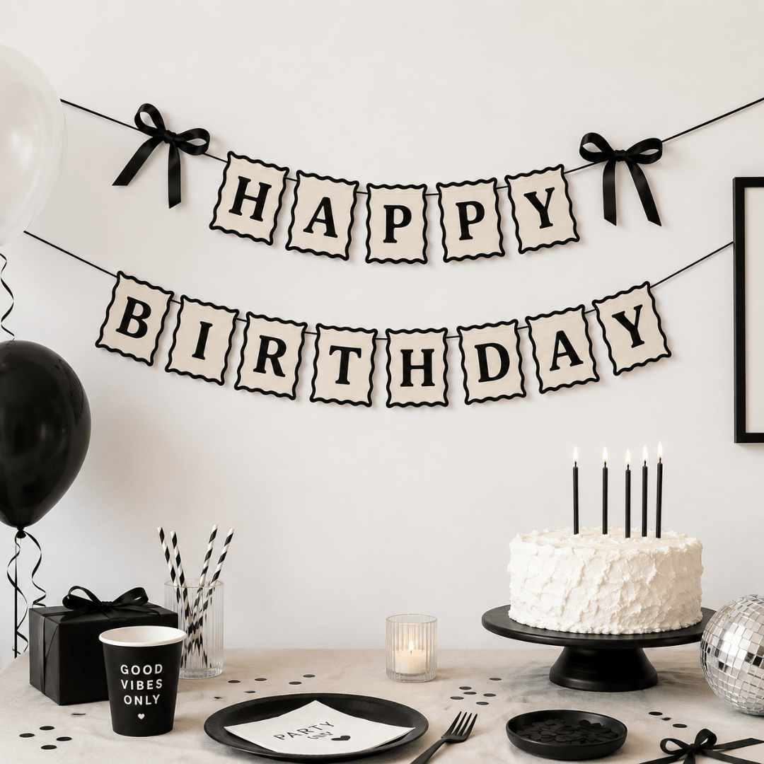 Happy Birthday Girlande Schwarz Weiß - TwentyFourParty