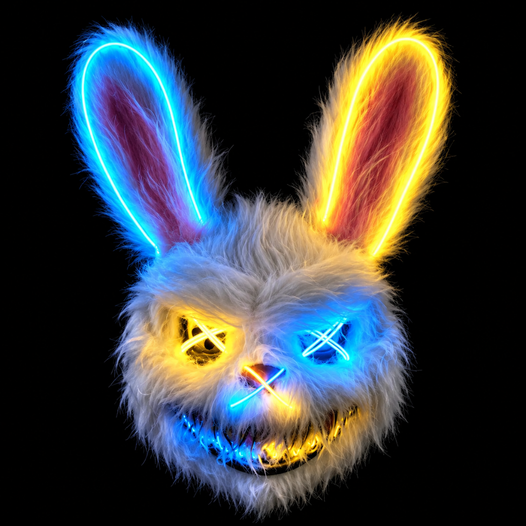 Horror Hasenmaske LED Gelb-Blau – Plüsch Bunny Leuchtmaske - TwentyFourParty