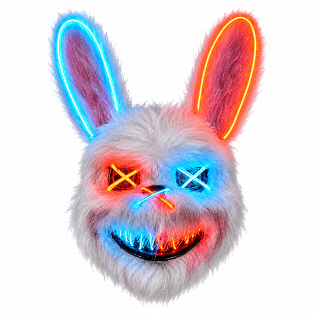 Horror Hasenmaske LED Orange-Blau – Plüsch Bunny Leuchtmaske - TwentyFourParty