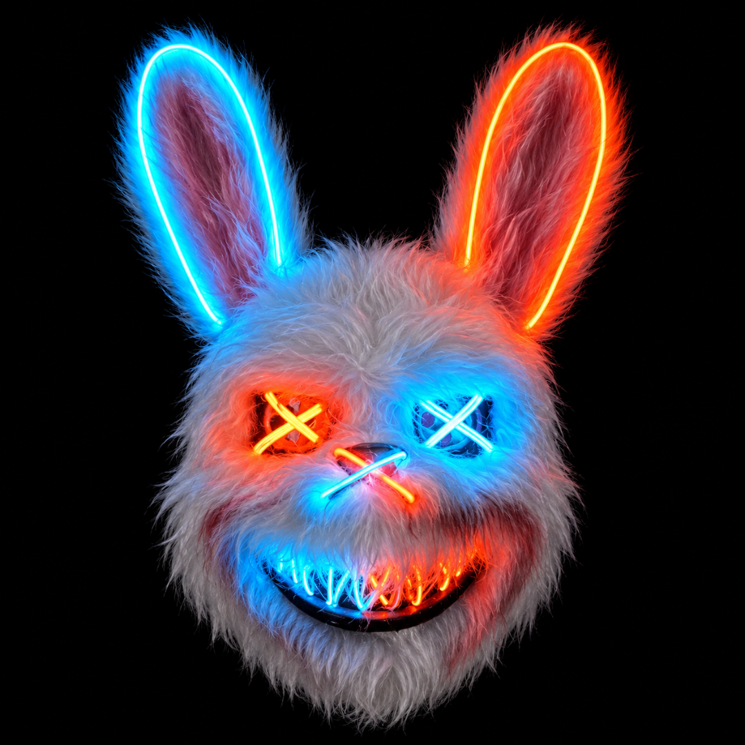 Horror Hasenmaske LED Orange-Blau – Plüsch Bunny Leuchtmaske - TwentyFourParty