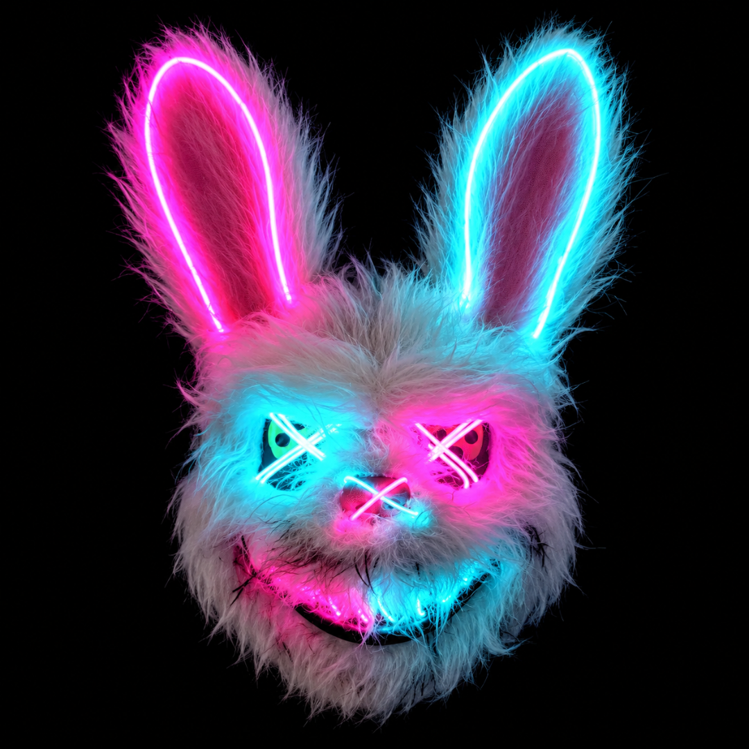 Horror Hasenmaske LED Pink-Türkis – Plüsch Bunny Leuchtmaske - TwentyFourParty