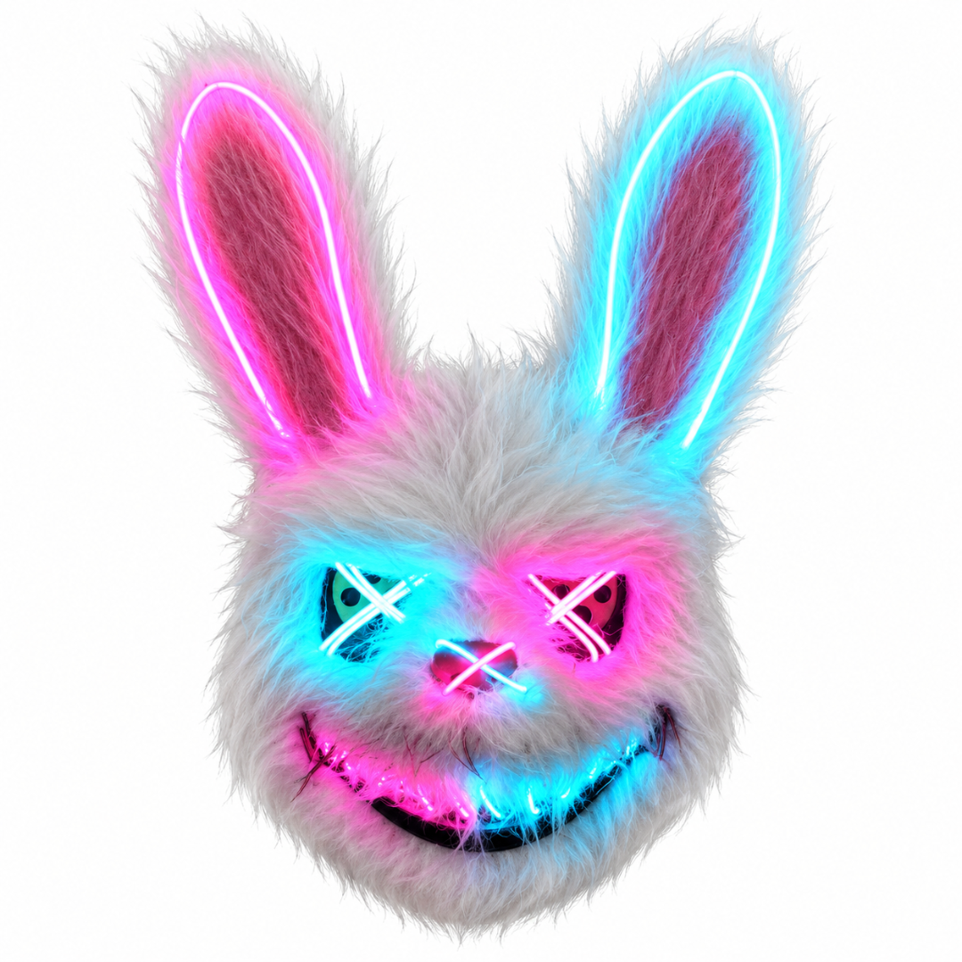 Horror Hasenmaske LED Pink-Türkis – Plüsch Bunny Leuchtmaske - TwentyFourParty