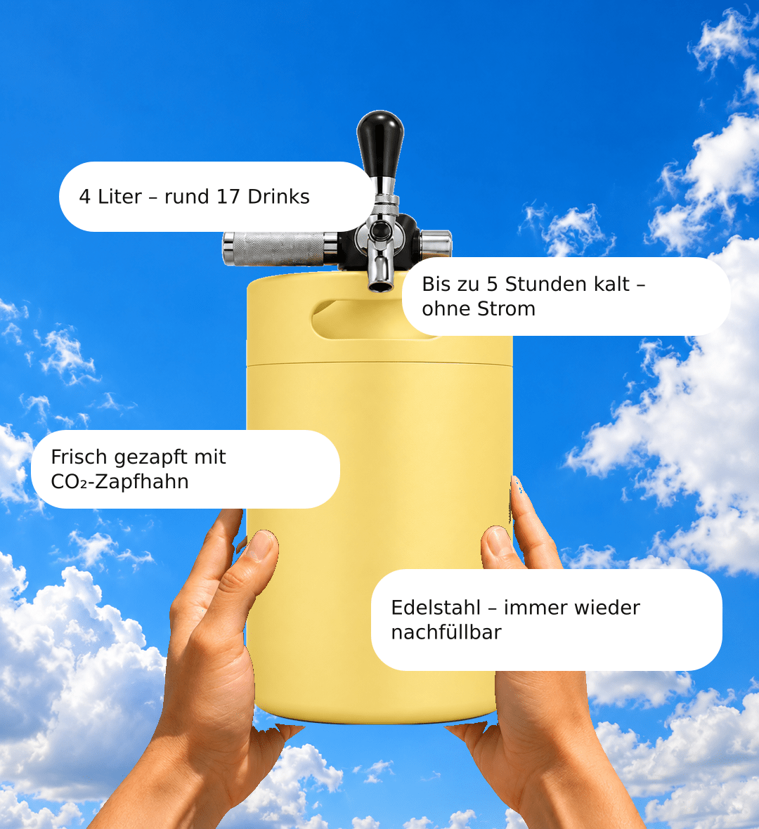 Keggo Mini Keg 4 l Gelb – Mobile Zapfanlage für Cocktails & Spritz - TwentyFourParty