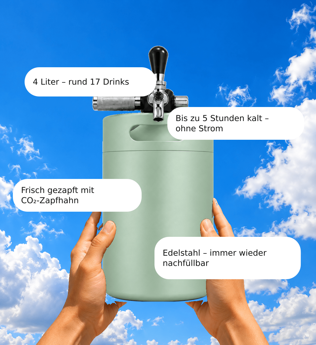 Keggo Mini Keg 4 l Salbeigrün – Mobile Zapfanlage für Cocktails & Spritz - TwentyFourParty