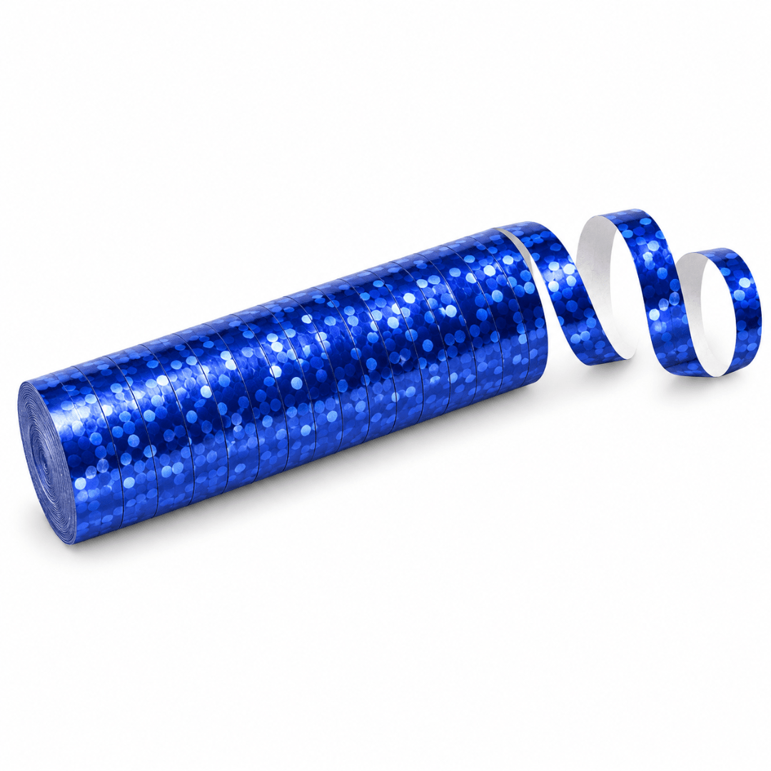 Luftschlangen Holografisch Blau 3,8 m, 18 Rollen - TwentyFourParty
