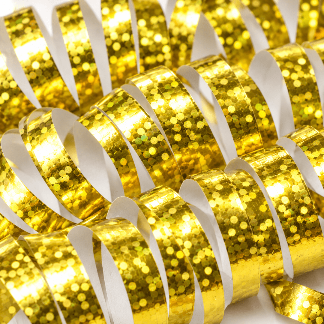 Luftschlangen Holografisch Gold 3,8 m, 18 Rollen - TwentyFourParty