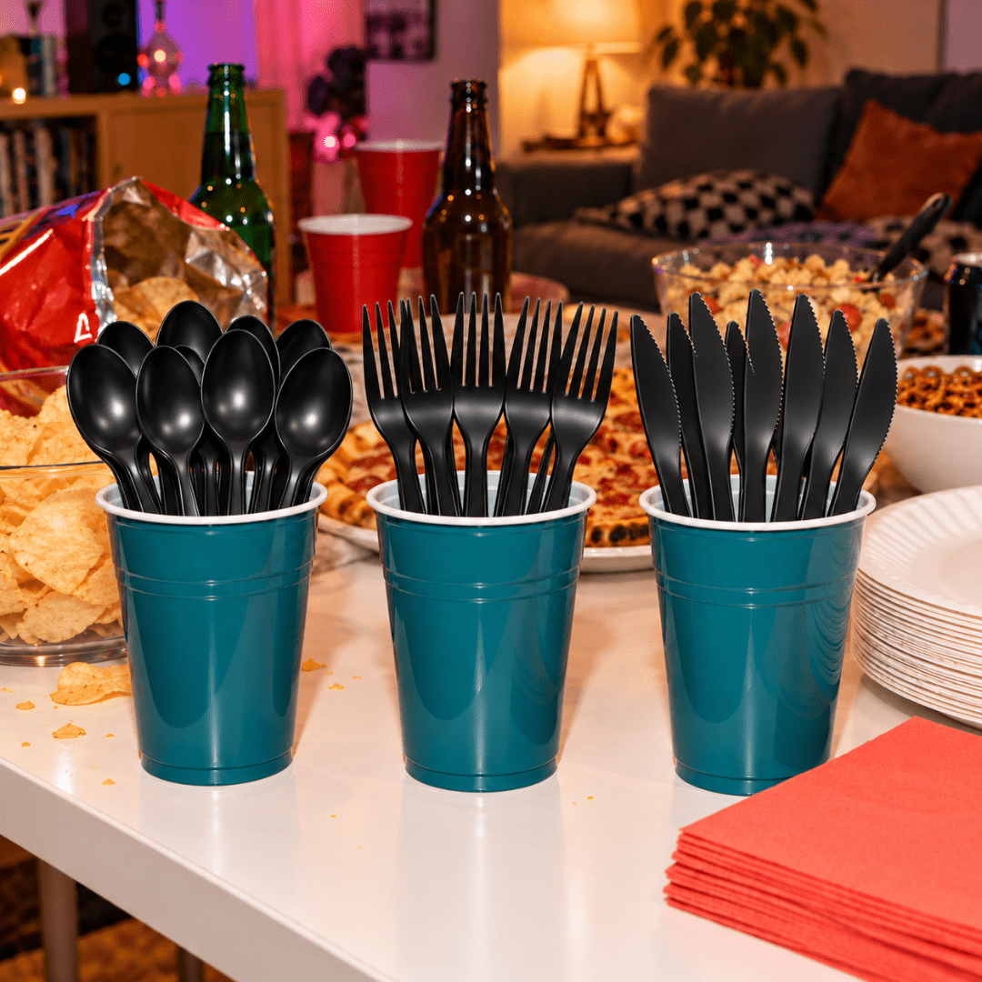 Mehrweg Besteck Set schwarz 60-teilig Messer Gabel Löffel - TwentyFourParty