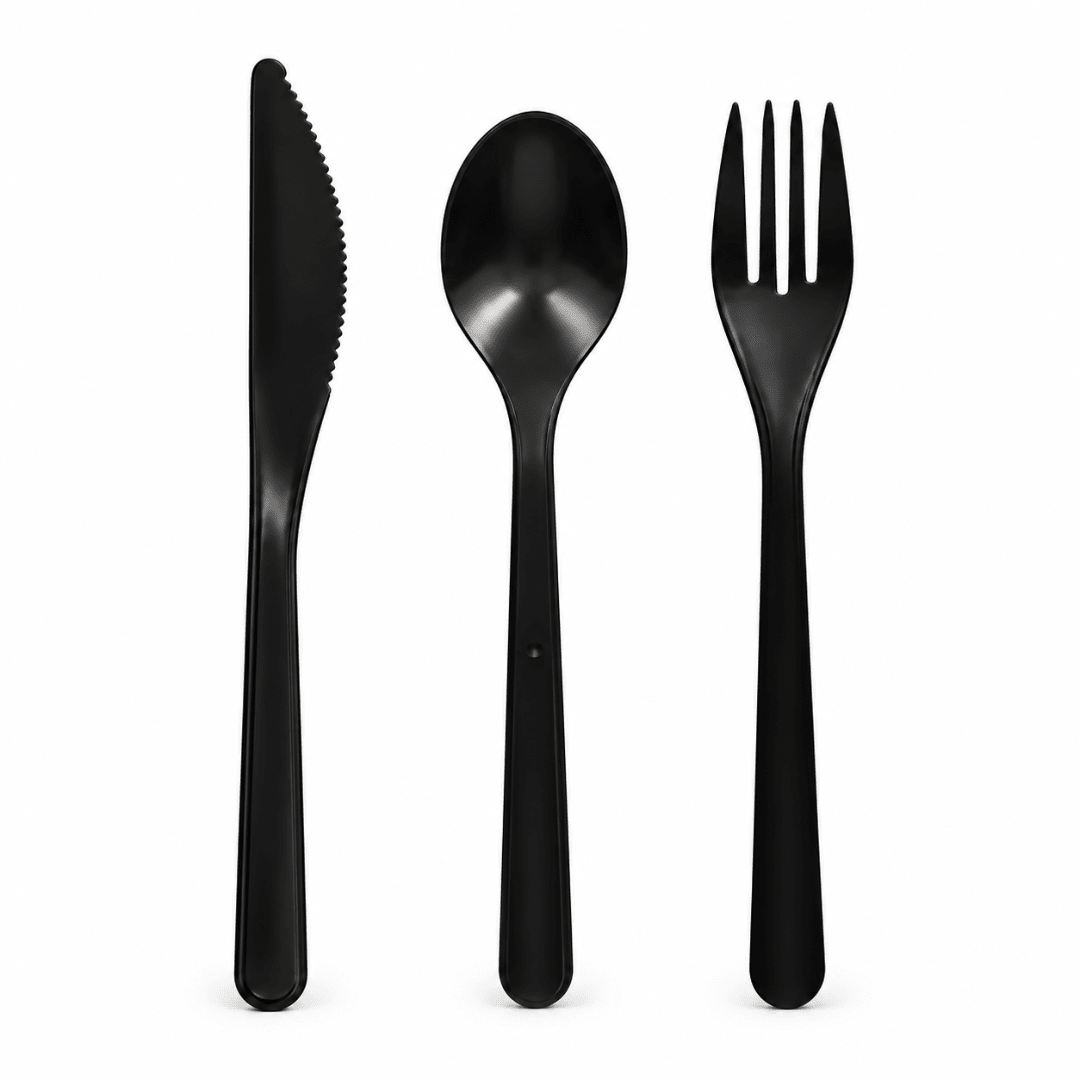 Mehrweg Besteck Set schwarz 60-teilig Messer Gabel Löffel - TwentyFourParty
