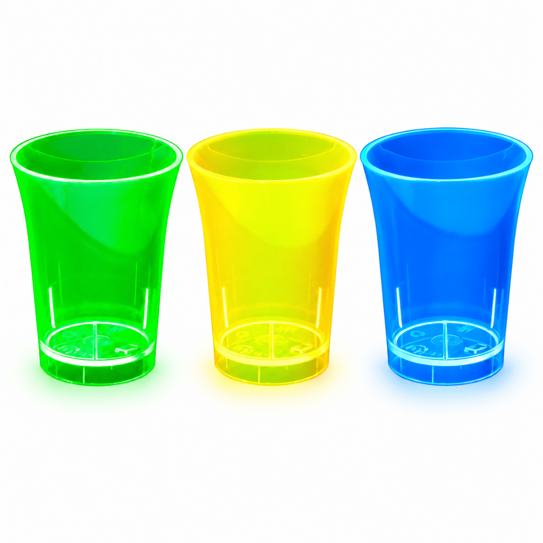 Neon Mehrweg Shot Cups Schwarzlicht Mix – 20 Stück - TwentyFourParty