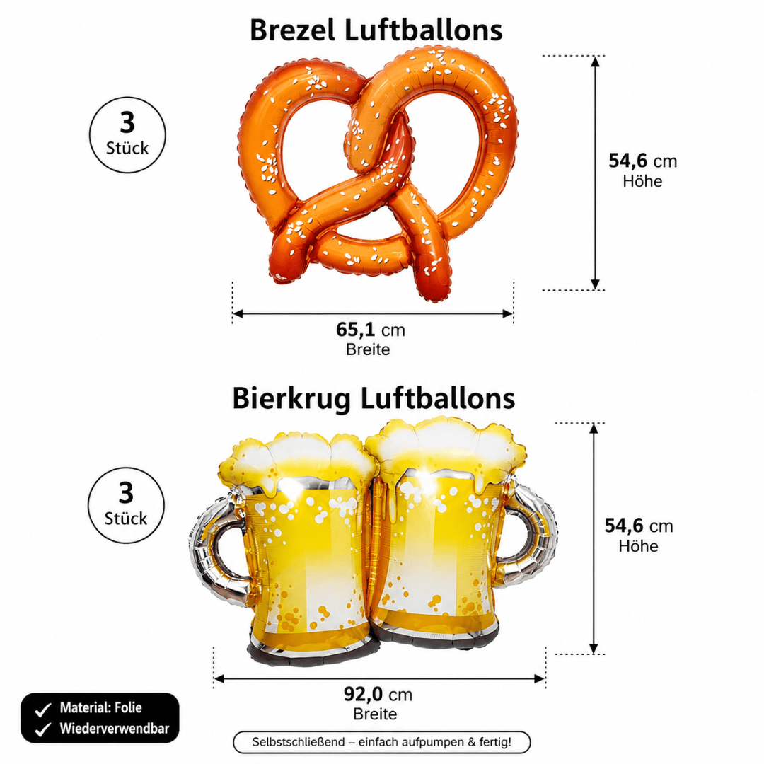 Oktoberfest Ballons – 6er Set Brezel & Bierkrug XXL - TwentyFourParty