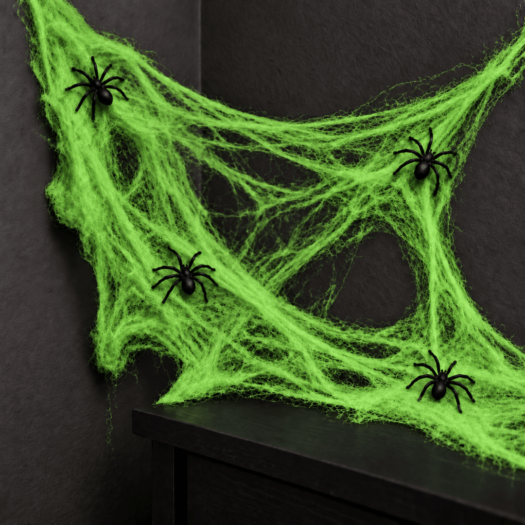 Spinnennetz Deko Grün mit schwarzen Spinnen 20 g - TwentyFourParty