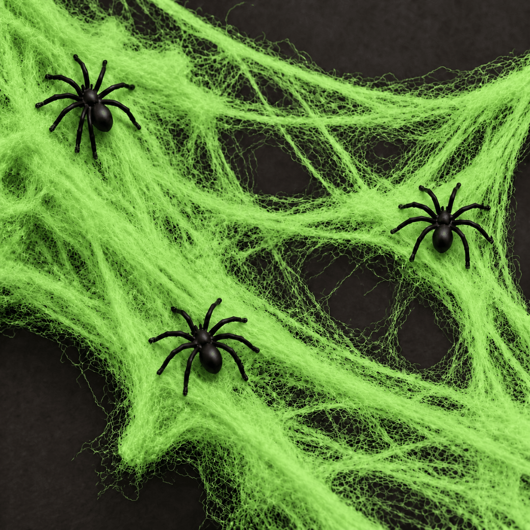 Spinnennetz Deko Grün mit schwarzen Spinnen 20 g - TwentyFourParty