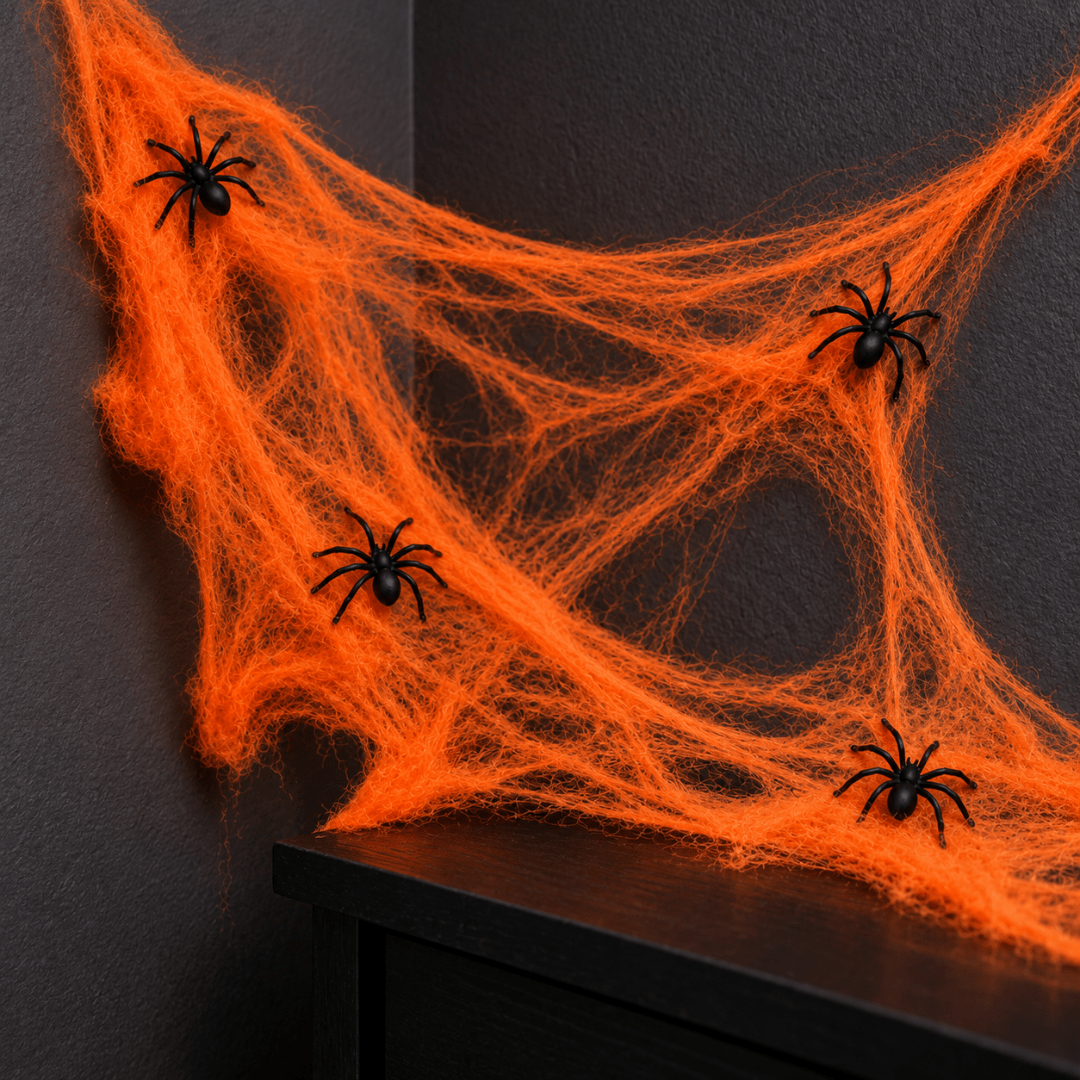 Spinnennetz Deko Orange mit schwarzen Spinnen 20 g - TwentyFourParty