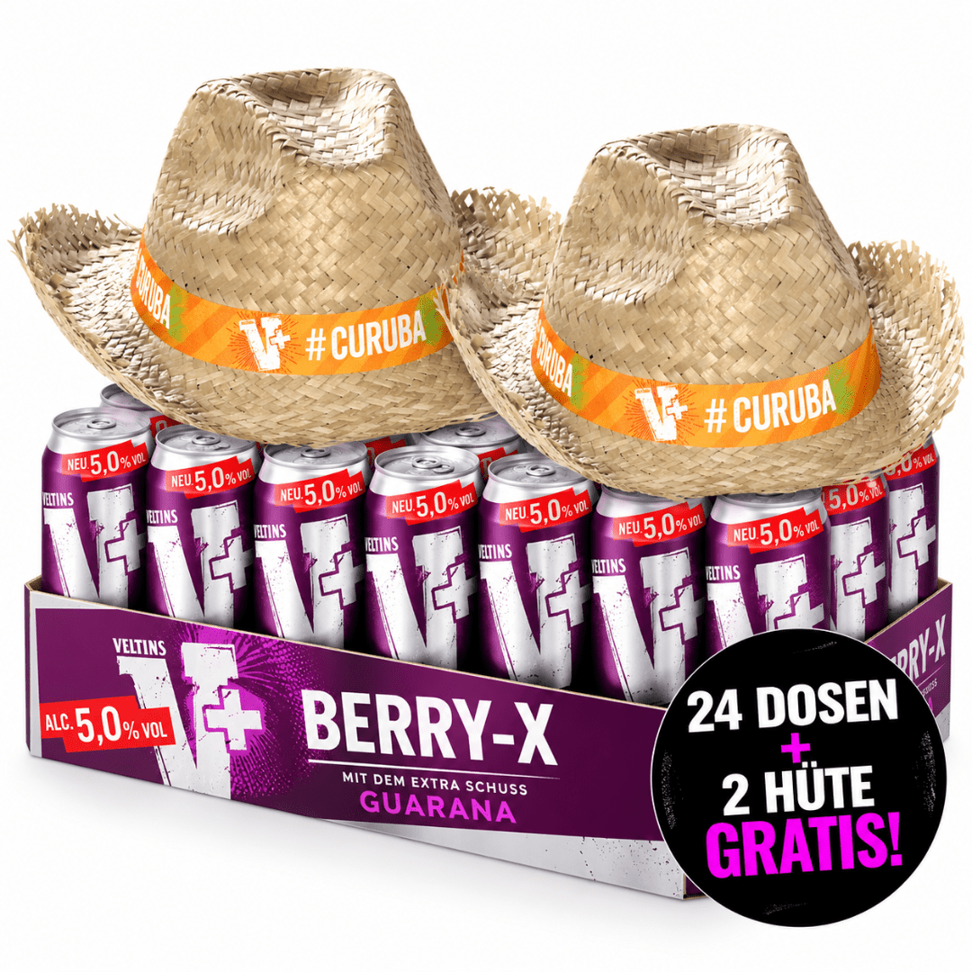 Veltins V+ Berry-X 24 Dosen mit 2 Strohhüten Gratis - TwentyFourParty