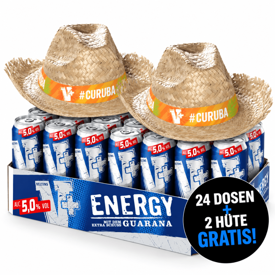 Veltins V+ Energy 24 Dosen mit 2 Strohhüten Gratis - TwentyFourParty