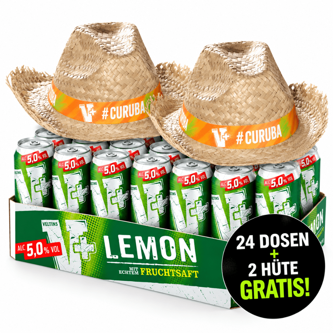 Veltins V+ Lemon 24 Dosen mit 2 Strohhüten Gratis - TwentyFourParty
